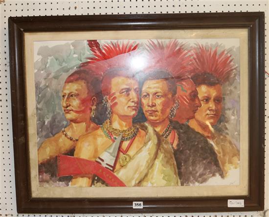Signed watercolour of North American Indians